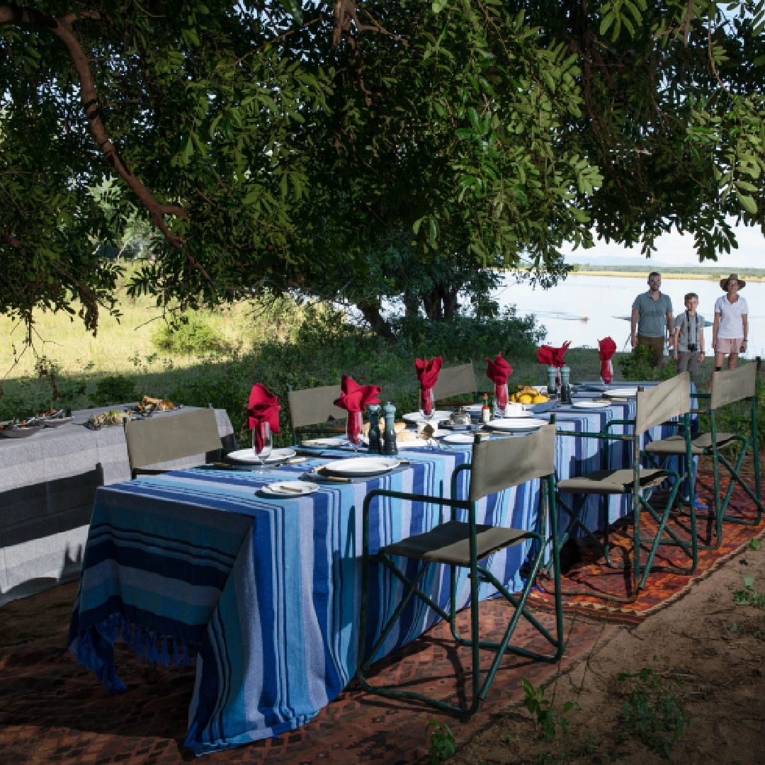 Long dining table set up for a bush lunch under trees near a river.